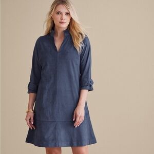 Soft Surroundings M Blue Stretch Rani Faux Suede 3/4 Button Sleeve Midi Dress